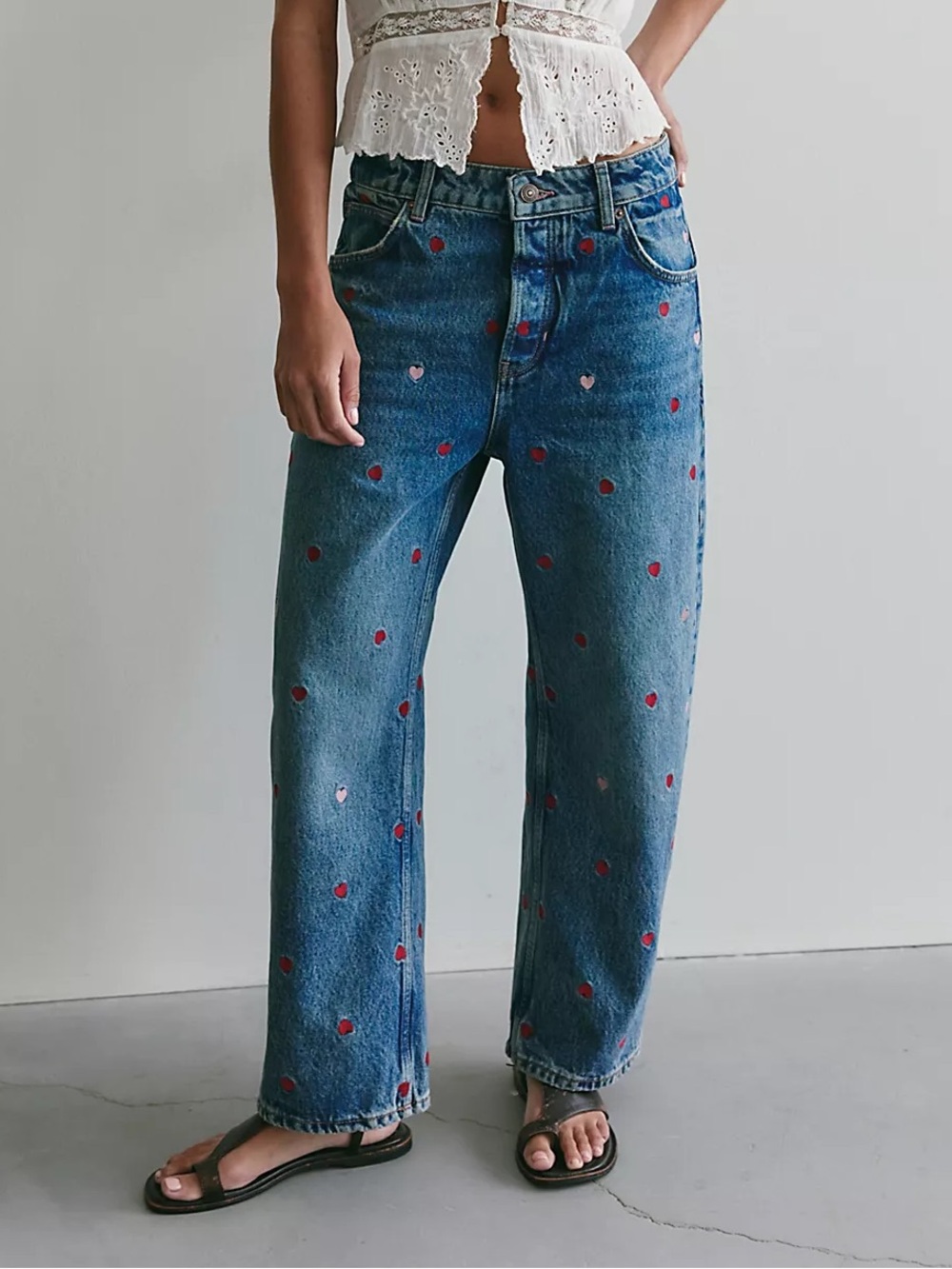 Free People We The Free Deep Trance Heart Embroidered Dropped Boyfriend Jeans